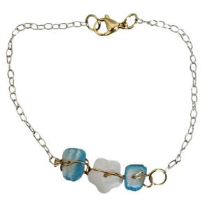 Sterling Silver Blue Chip Mother Of Pearl Hibiscus Flower Bracelet